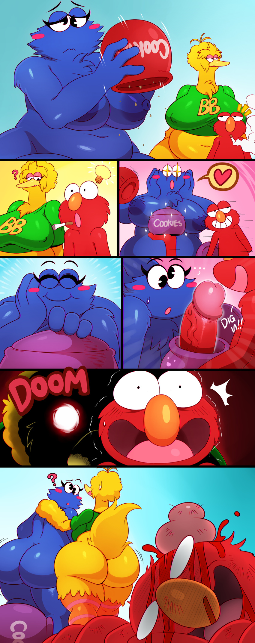 &lt;3 ... ? avian belly big_belly big_bird big_breasts big_butt big_penis bird bottomless breasts butt cigarette clothed clothing comic cookie_monster crossgender dick_in_a_jar elmo female group hi_res huge_butt jar jiggle male monster muppet muppets navel overweight penis sesame_street smoking sssonic2 wide_hips