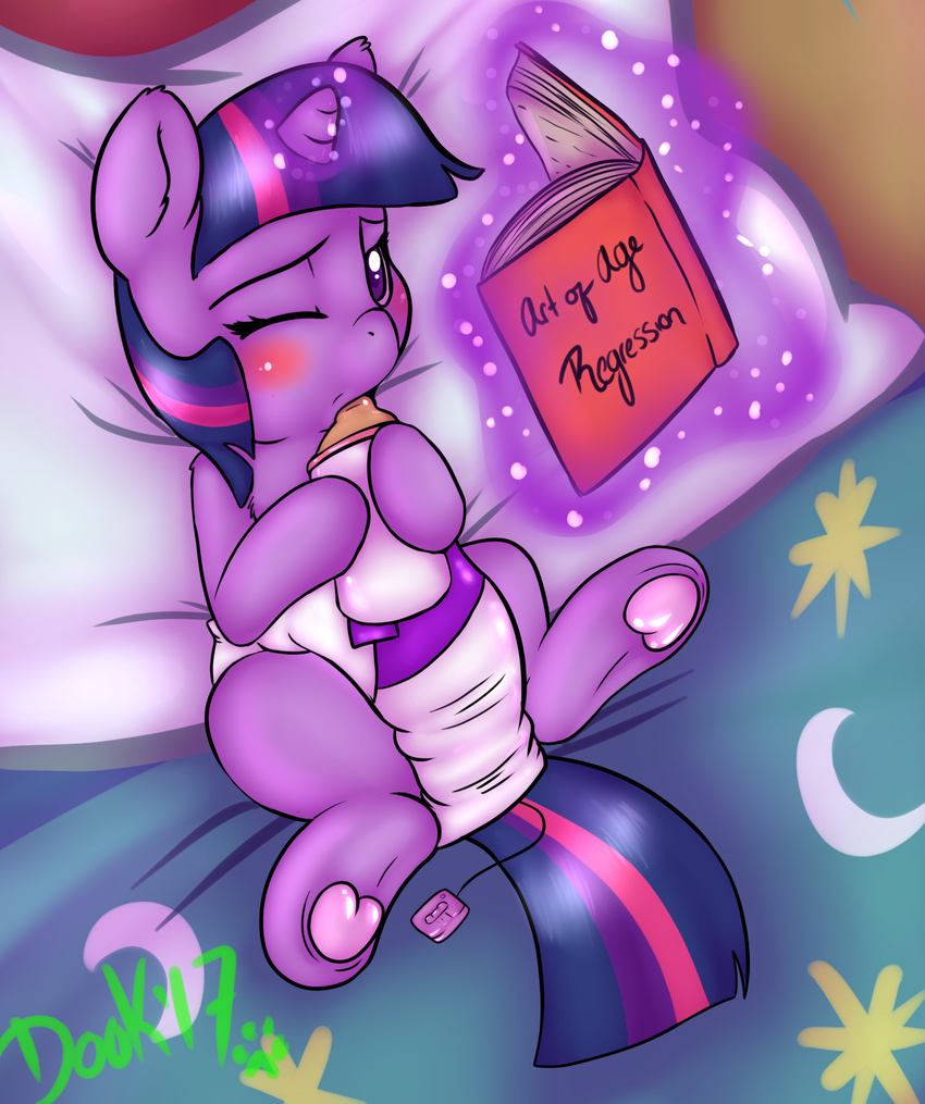 2017 absurd_res baby_bottle blush book cub diaper equine feral friendship_is_magic hair hi_res hooves horn lying magic mammal my_little_pony one_eye_closed pillow sex_toy solo toodledipsy twilight_sparkle_(mlp) underhoof unicorn vibrator young