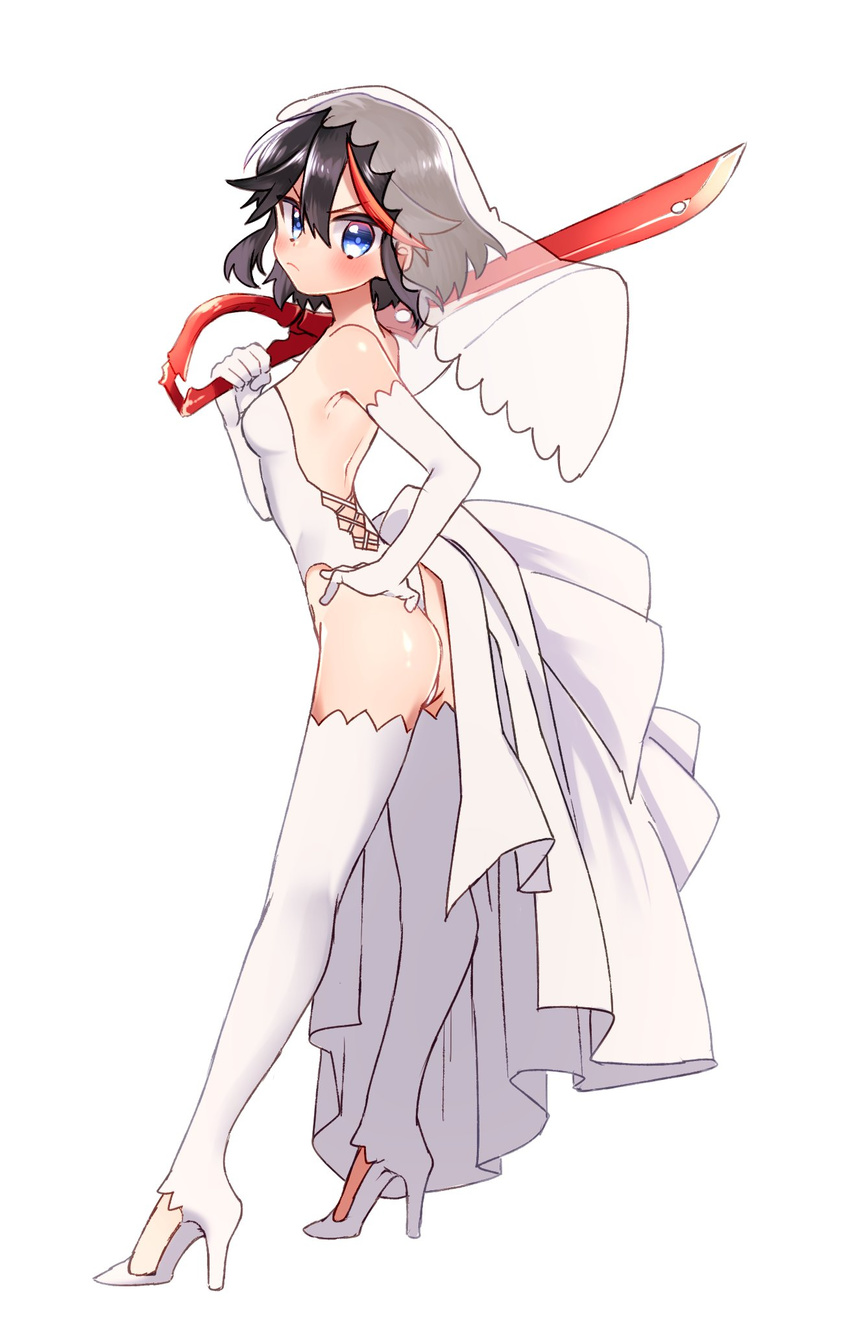 ass bare_shoulders black_hair blue_eyes bridal_veil commentary_request dress elbow_gloves flat_ass full_body gloves hand_on_hip high_heels highres kill_la_kill matoi_ryuuko mittsun multicolored_hair red_hair revealing_clothes scissor_blade short_hair simple_background solo standing thighhighs two-tone_hair veil wedding_dress