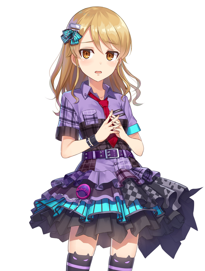 badge belt blonde_hair blush bow breast_pocket commentary hair_bow hair_down highres horn_band_legwear idolmaster idolmaster_cinderella_girls idolmaster_cinderella_girls_starlight_stage individuals interlocked_fingers long_hair morikubo_nono necktie open_mouth pocket shirt skirt solo thighhighs yellow_eyes yuuhi_(ages) zettai_ryouiki