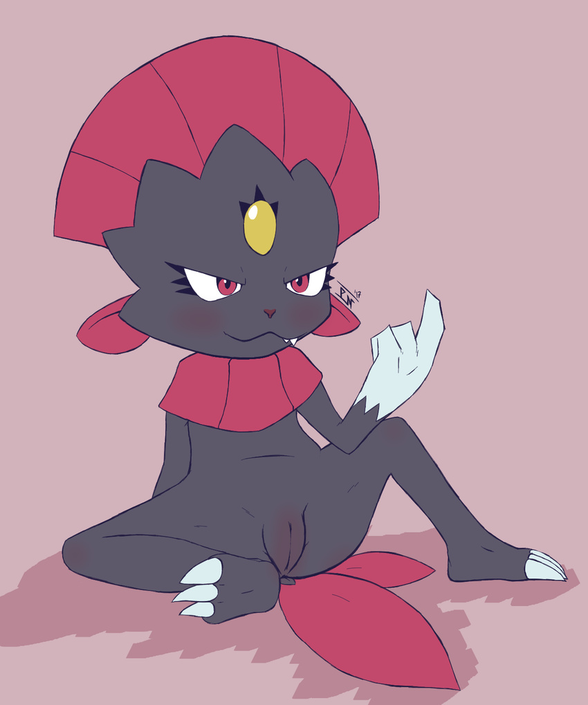 anthro blush claws fangs feathers female gem hi_res mammal nintendo nude perfectlynormal pok&eacute;mon presenting presenting_pussy pussy red_eyes simple_background sitting smile solo teeth toe_claws video_games weavile