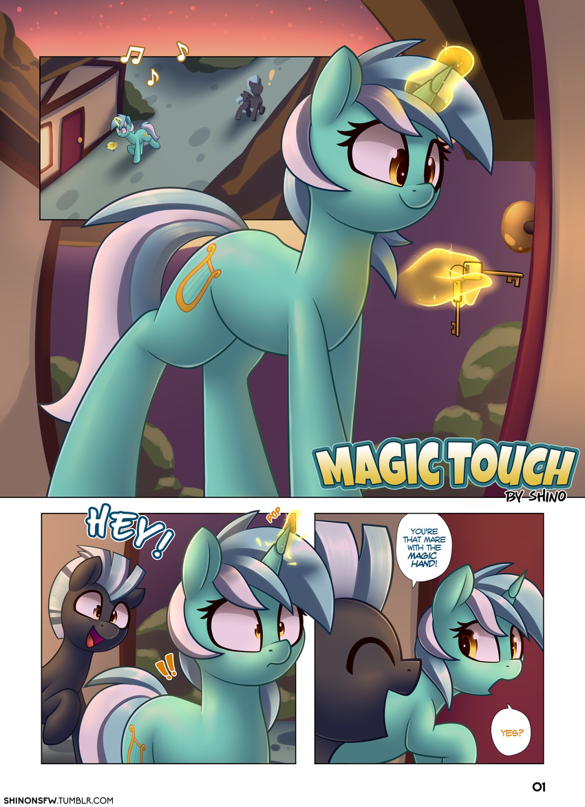 2017 amber_eyes comic cutie_mark dialogue digital_media_(artwork) duo english_text equine eyelashes feathered_wings feathers female feral friendship_is_magic fur glowing hair hi_res horn horse lyra_heartstrings_(mlp) magic male mammal multicolored_hair my_little_pony open_mouth outside pegasus pony shinodage smile speech_bubble text thunderlane_(mlp) two_tone_hair unicorn white_hair wings