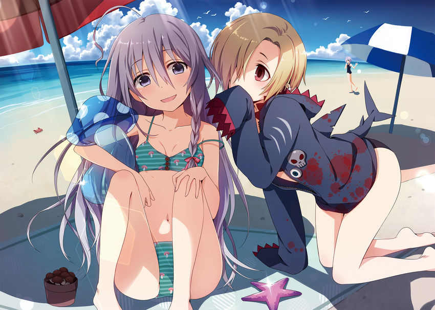 bikini blanket blonde_hair breasts cloud collarbone commentary_request crab day fake_tail hand_on_own_knee highres hood hoodie hoshi_shouko idolmaster idolmaster_cinderella_girls kneeling light_rays looking_at_another looking_at_viewer multiple_girls mushroom natsumekinoko navel ocean purple_eyes purple_hair red_eyes sand shark_tail shirasaka_koume sitting sleeves_past_wrists small_breasts spaghetti_strap starfish sunbeam sunlight swimsuit tail