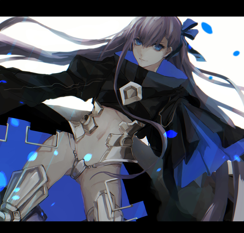 armor armored_boots bangs black_coat blue_eyes blue_ribbon boots closed_mouth commentary crotch_plate dutch_angle eyebrows_visible_through_hair fate/extra fate/extra_ccc fate/grand_order fate_(series) floating_hair hair_ribbon highres juliet_sleeves legs_apart letterboxed long_hair long_sleeves looking_at_viewer meltlilith navel puffy_sleeves purple_hair revealing_clothes ribbon shiyunoa smile solo thighs
