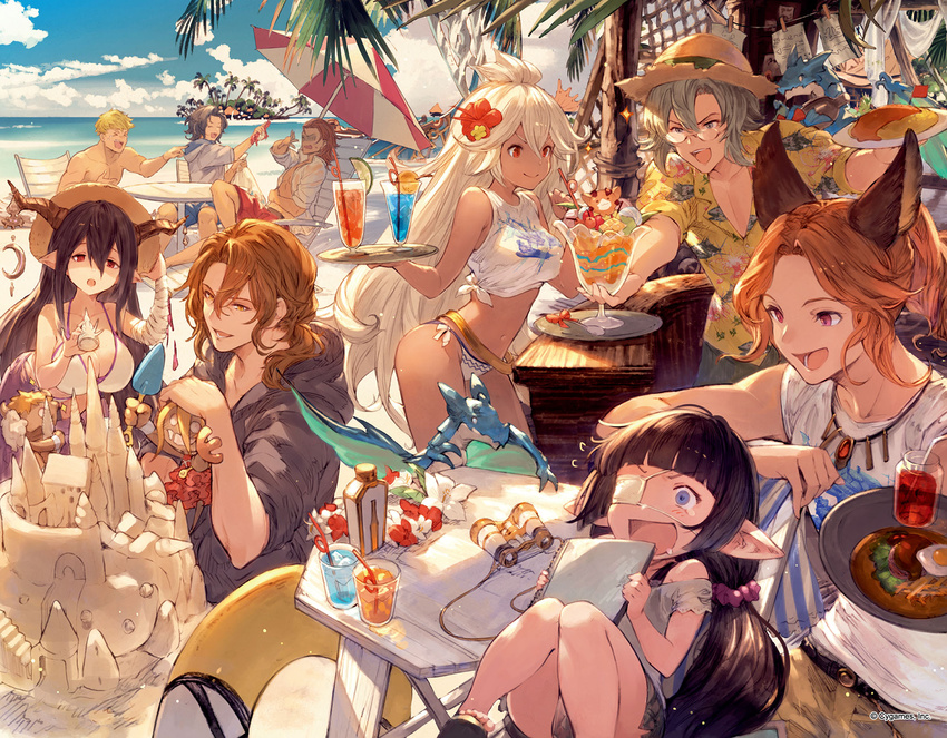 &gt;_&lt; 6+boys :d animal_ears bare_shoulders beach beach_chair binoculars black_hair blonde_hair blue_eyes book brown_eyes closed_eyes cloud collarbone crazy_straw cup danua dark_skin day dragon draph drinking_straw earrings eyepatch food glasses granblue_fantasy harvin hat hawaiian_shirt helnar highres hood hoodie horns island jewelry lancelot_(granblue_fantasy) lunalu_(granblue_fantasy) medical_eyepatch minaba_hideo multiple_boys multiple_girls necklace official_art open_mouth orange_hair outdoors palm_tree parfait percival_(granblue_fantasy) pointy_ears ponytail puppet purple_eyes red_eyes red_hair sand_castle sand_sculpture shirt shorts siegfried_(granblue_fantasy) smile straw_hat sweater tears tree tropical_drink umbrella unbuttoned unbuttoned_shirt vane_(granblue_fantasy) vee_(granblue_fantasy) water white_hair will_(granblue_fantasy) xd zooey_(granblue_fantasy)