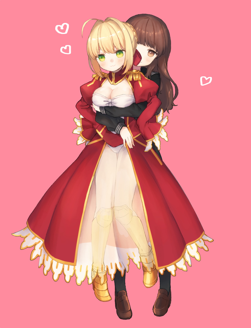 :3 breasts brown_eyes brown_hair center_opening cleavage dress epaulettes fate/extra fate/extra_ccc fate_(series) full_body green_eyes height_difference highres hug hug_from_behind kishinami_hakuno_(female) large_breasts lifting_person long_hair multiple_girls munuko nero_claudius_(fate) nero_claudius_(fate)_(all) pantyhose red_dress v-shaped_eyebrows yuri