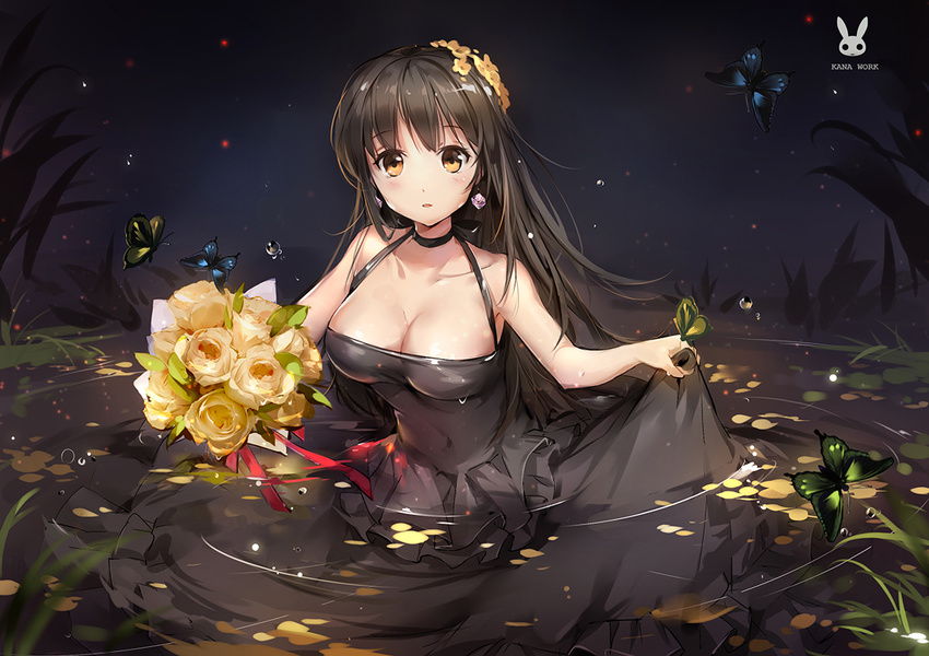 artist_name bangs bare_arms bare_shoulders black_choker black_dress blush bouquet breasts brown_hair bug butterfly choker cleavage collarbone dress earrings eyebrows_visible_through_hair flower hair_flower hair_ornament holding holding_bouquet insect jewelry large_breasts lily_pad long_hair looking_at_viewer night open_mouth original partially_submerged plant ripples rose skirt_hold sleeveless sleeveless_dress solo tracyton water water_drop yellow_eyes yellow_flower yellow_rose