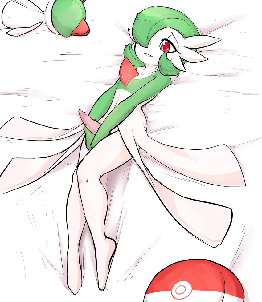 animal_genitalia animal_penis bed biped doll erection gardevoir girly glacierclear green_hair hair hi_res humanoid lying male nintendo not_furry nude on_back penis pink_penis pinup pok&eacute;mon pose pseudo_clothing ralts red_eyes simple_background smile solo tapering_penis teeth video_games white_background