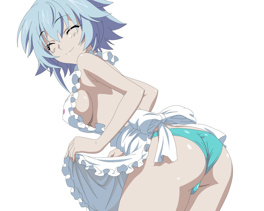 absurdres apron aqua_panties ass blue_hair breasts closed_eyes covered_nipples cowboy_shot eyebrows_visible_through_hair head_tilt highres infinite_stratos leaning_forward long_hair medium_breasts naked_apron panties sarashiki_tatenashi shinpei shiny shiny_clothes shiny_skin side_ponytail simple_background smile solo underwear vector_trace white_apron white_background