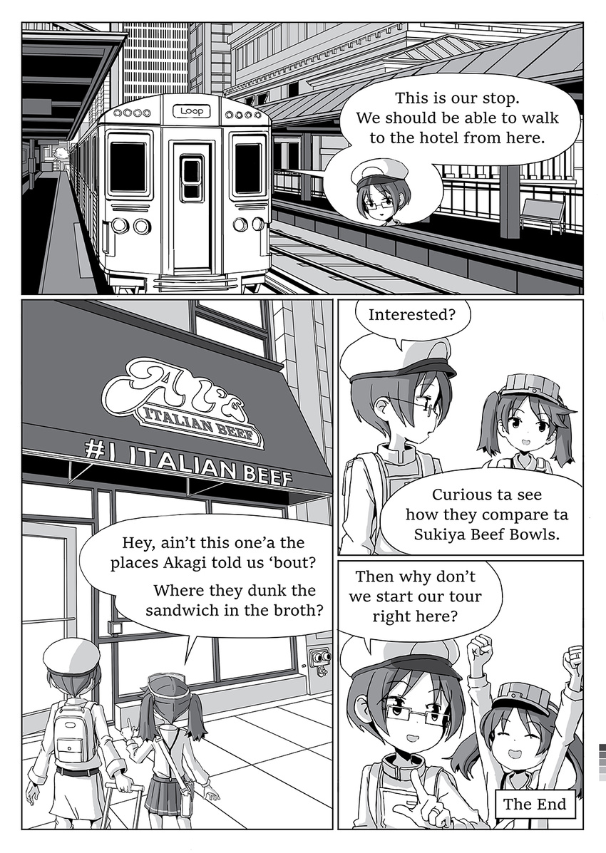 arms_up backpack bag bench closed_eyes color_guide comic english female_admiral_(kantai_collection) glasses greyscale ground_vehicle hair_tie hat highres kantai_collection luggage military military_hat military_uniform monochrome open_mouth pleated_skirt pointing railroad_tracks ryuujou_(kantai_collection) short_hair skirt smile suspenders tanaka_setsuko train train_station twintails uniform visor_cap