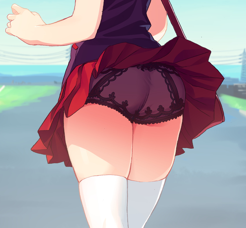 ass ass_focus black_panties blew_andwhite close-up day from_behind highres hisakawa_kaede lace lace-trimmed_panties lower_body original outdoors panties pleated_skirt red_skirt see-through skirt skirt_lift solo standing thighhighs underwear white_legwear wind wind_lift