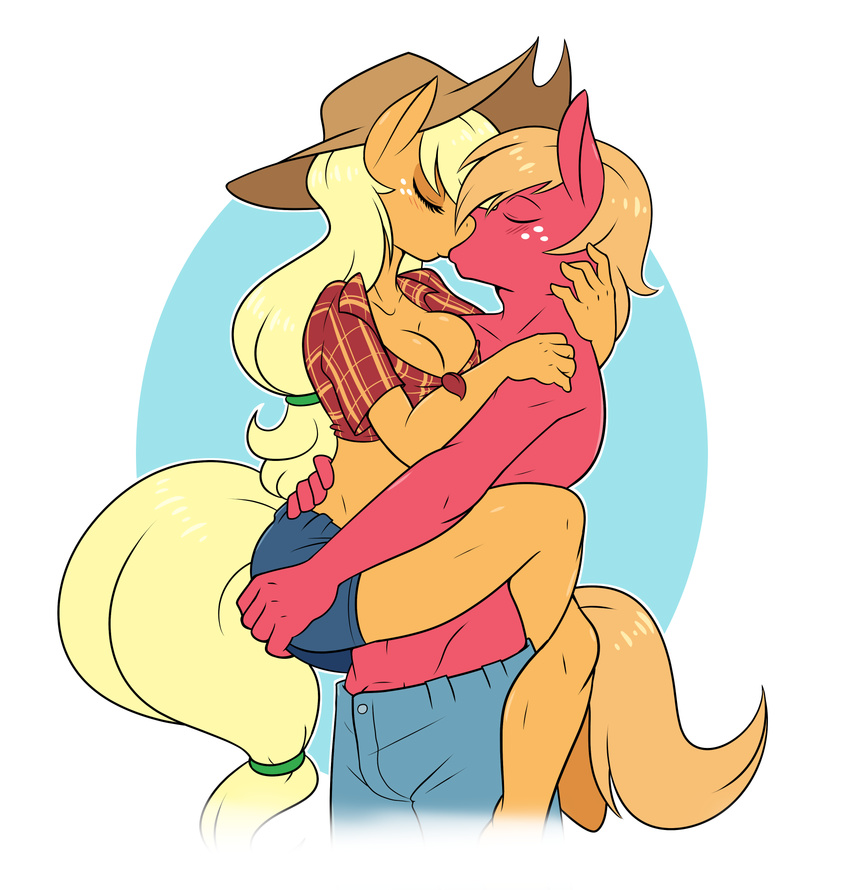 2017 ambris anthro anthrofied applejack_(mlp) big_macintosh_(mlp) blonde_hair blush breasts brother brother_and_sister cleavage clothed clothing cowboy_hat earth_pony equine eyelashes female freckles friendship_is_magic hair hand_on_butt hat hi_res horse incest jeans kissing leg_wrap male male/female mammal midriff my_little_pony pants pony shorts sibling sister topless