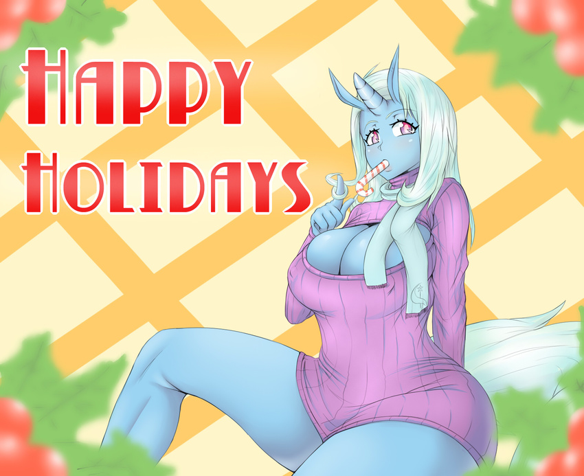 2014 anthro anthrofied big_breasts breasts candy candy_cane christmas cleavage clothed clothing equine female food friendship_is_magic hair holidays horn keyhole_turtleneck mammal my_little_pony rirouku scarf solo sweater trixie_(mlp) unicorn