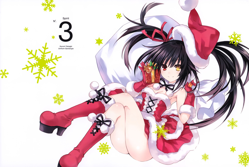 adapted_costume ass asymmetrical_hair bag bare_shoulders black_hair boots breasts carrying_over_shoulder character_name christmas christmas_stocking cleavage clock_eyes cross-laced_footwear crossed_legs date_a_live dress english engrish fur_trim gift gloves hat heterochromia high_heel_boots high_heels highres holding holding_bag holding_gift knee_boots lace lace-up_boots long_hair looking_at_viewer medium_breasts number platform_boots platform_footwear ranguage red_dress red_eyes red_footwear red_gloves santa_costume santa_hat smile snowflake_background solo symbol-shaped_pupils tokisaki_kurumi tsunako twintails yellow_eyes