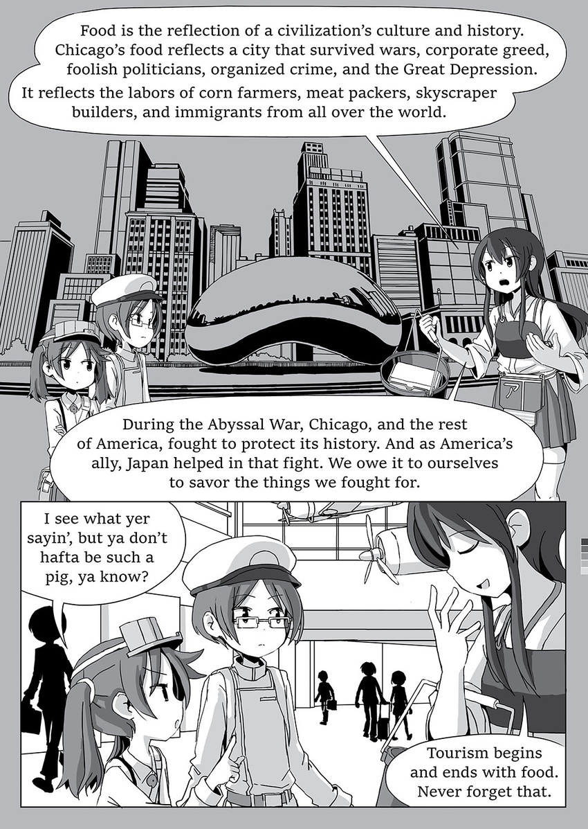 aircraft airplane akagi_(kantai_collection) bucket building city color_guide comic english female_admiral_(kantai_collection) glasses greyscale hair_tie hat highres japanese_clothes kantai_collection landmark luggage magatama military military_hat military_uniform monochrome muneate open_mouth pleated_skirt pointing ryuujou_(kantai_collection) short_hair sidelocks silhouette skirt skyscraper smile suspenders tanaka_setsuko thighhighs twintails uniform visor_cap zettai_ryouiki