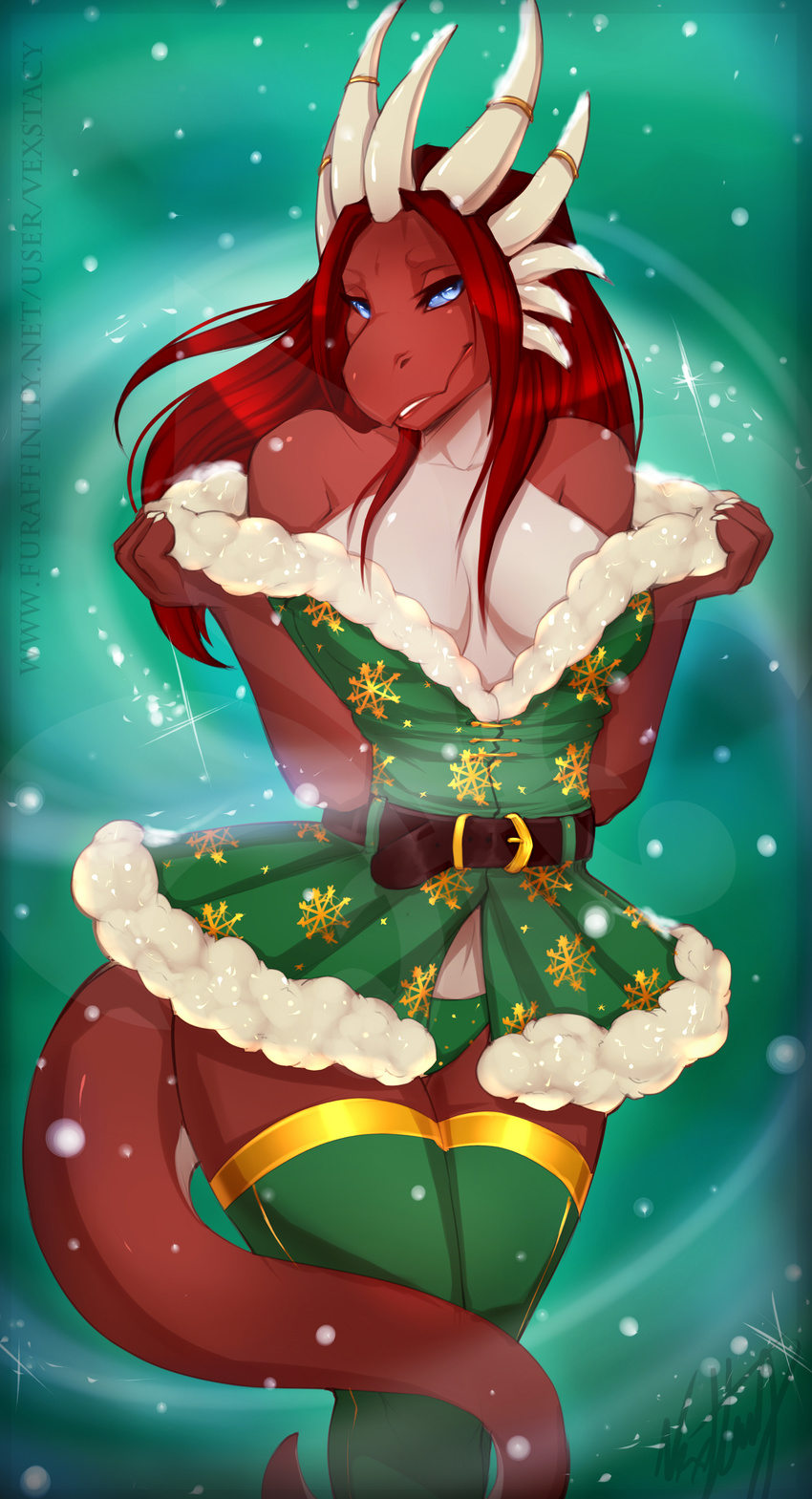 abstract_background anthro belt blue_eyes breasts christmas clothed clothing dragon evellyn female hair hi_res holidays horn legwear looking_at_viewer pose red_body red_hair scalie skimpy snow solo stockings thigh_highs underwear vexstacy wide_hips