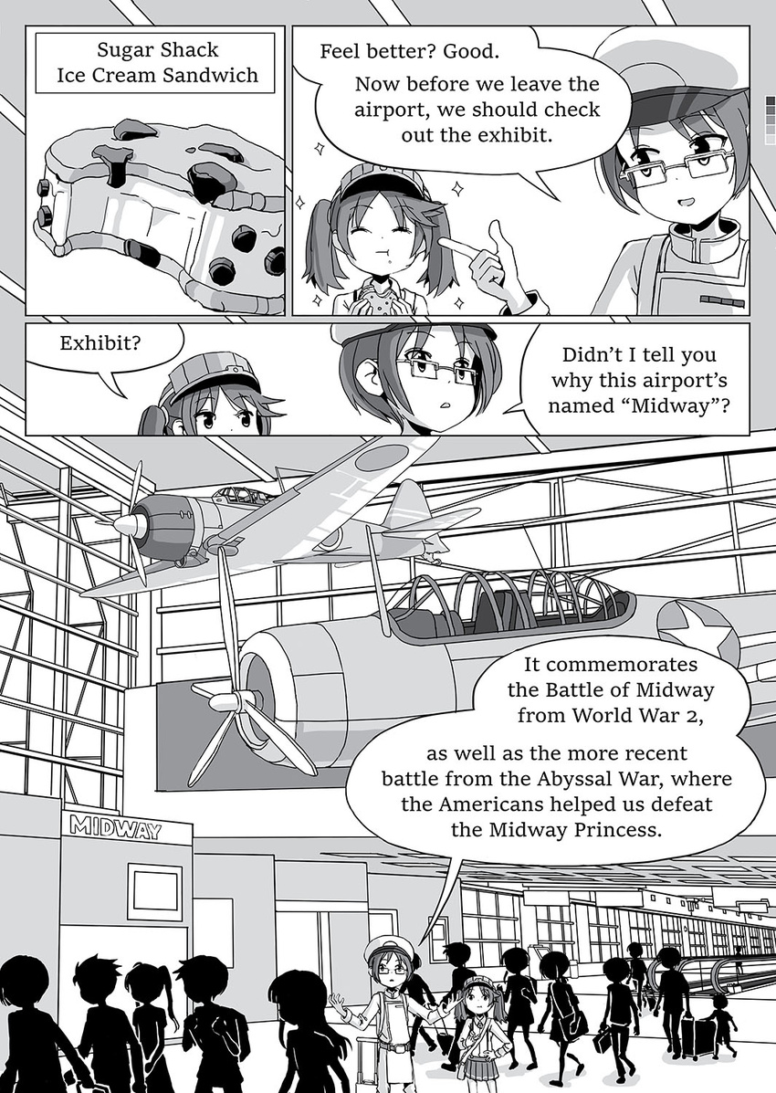aircraft airplane airport closed_eyes color_guide comic eating english female_admiral_(kantai_collection) food food_in_mouth glasses greyscale hair_tie hat highres ice_cream ice_cream_sandwich kantai_collection luggage magatama military military_hat military_uniform monochrome open_mouth pleated_skirt ryuujou_(kantai_collection) short_hair silhouette skirt smile sparkle suspenders tanaka_setsuko twintails uniform visor_cap
