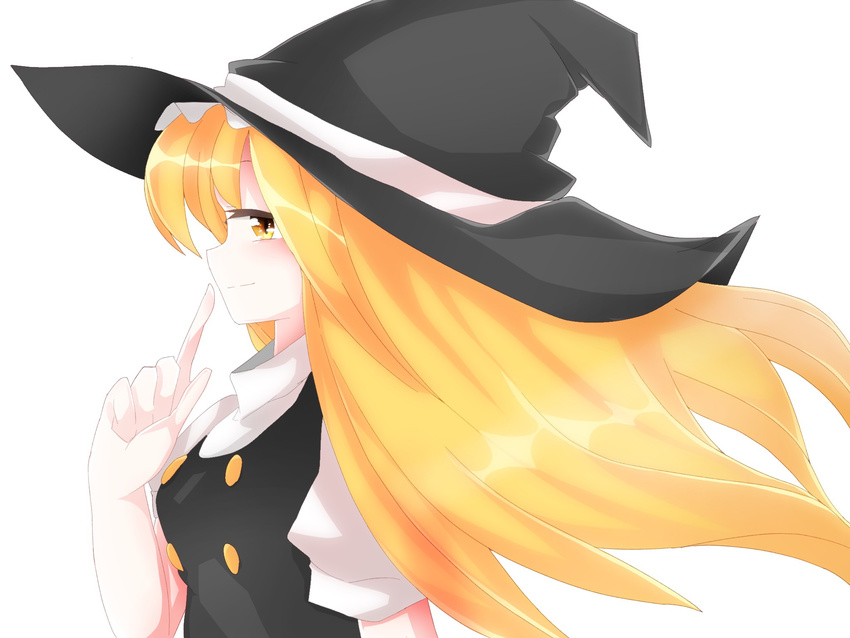 bangs blonde_hair blush breasts commentary finger_gun finger_to_mouth half-closed_eyes hat highres hiyorinrin kirisame_marisa long_hair looking_at_viewer medium_breasts profile short_sleeves smile smirk solo touhou turtleneck upper_body vest witch_hat yellow_eyes