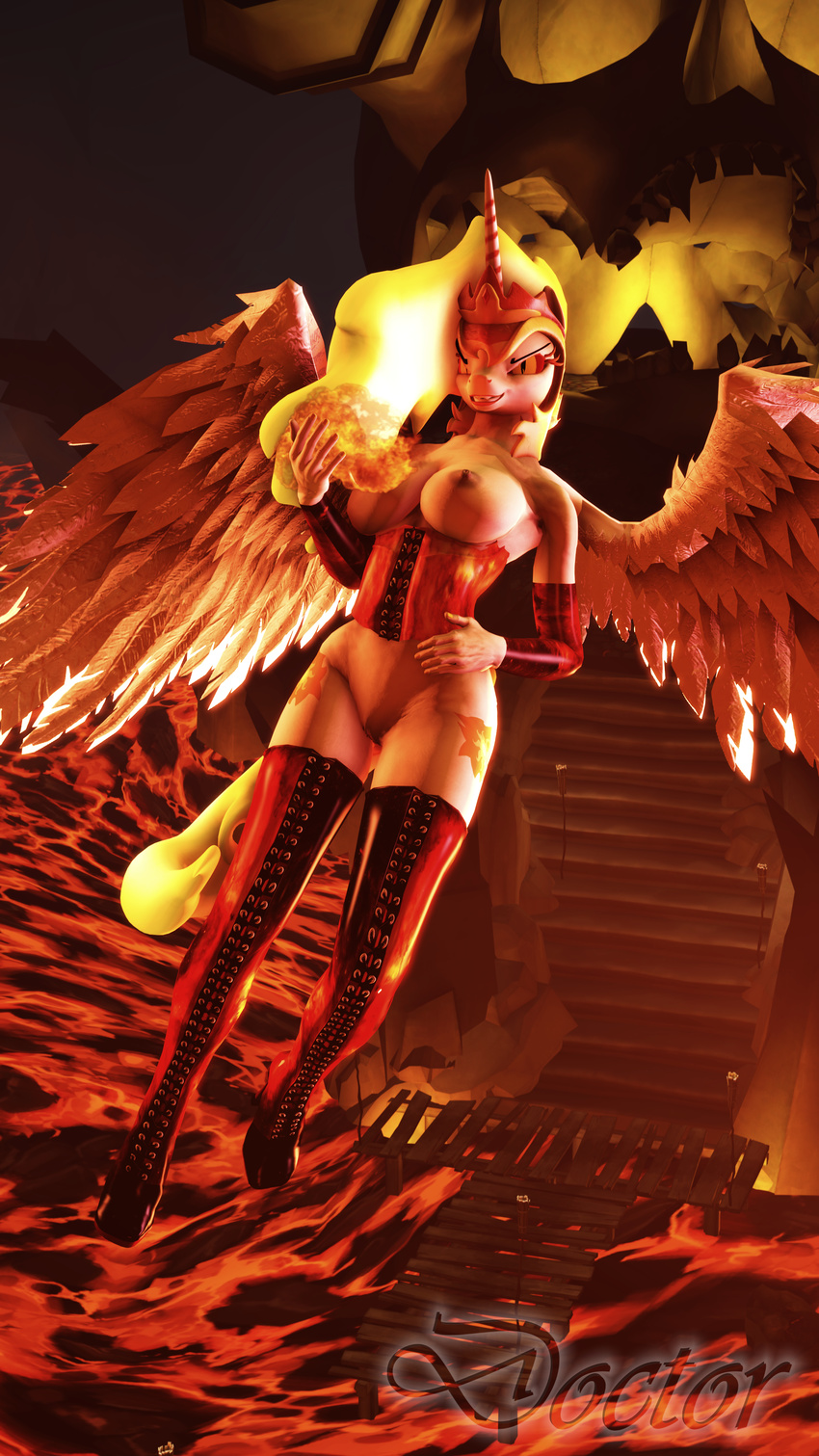 anthro breasts clothing corset daybreaker_(mlp) doctor-sfm female fire footwear friendship_is_magic gloves hair high_heels lingerie looking_at_viewer magic my_little_pony nipples princess_celestia_(mlp) shoes solo wings