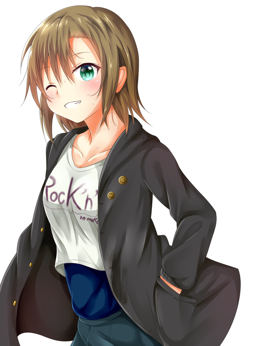 absurdres blush brown_hair commentary_request green_eyes hand_in_pocket highres idolmaster idolmaster_cinderella_girls looking_at_viewer one_eye_closed seno_(nanrandesu) short_hair simple_background solo sweat tada_riina white_background