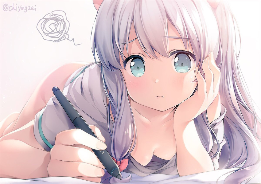 adrenaline!!! barefoot blue_eyes bow breasts chin_rest chiyingzai cleavage closed_mouth collarbone commentary_request downblouse eromanga_sensei foreshortening hair_bow hand_on_own_cheek holding izumi_sagiri long_hair looking_at_viewer lying naked_shirt off_shoulder on_stomach shirt short_sleeves sidelocks silver_hair small_breasts solo squiggle stylus t-shirt tareme twitter_username