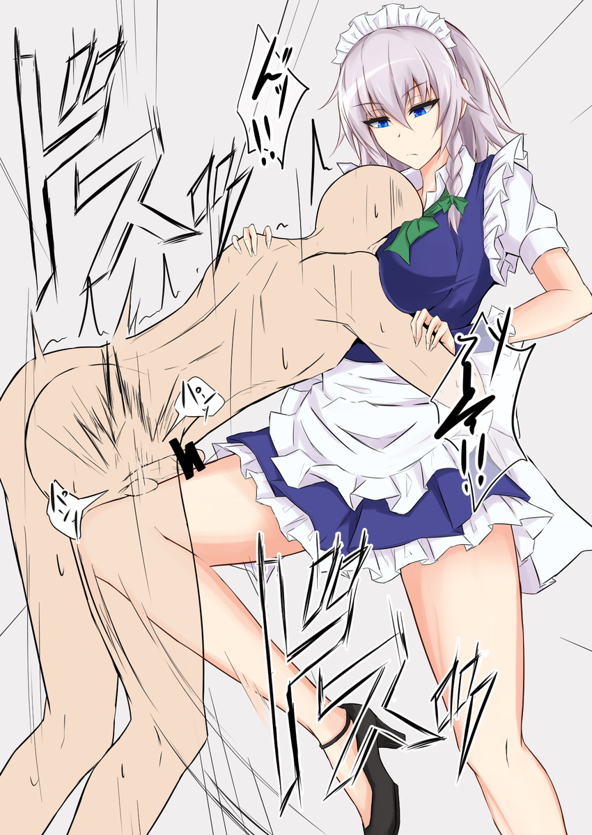 1girl apron bangs bar_censor blue_dress blue_eyes bow braid breast_smother breasts censored closed_mouth clothed_female_nude_male commentary_request crotch_kick dress expressionless green_bow hair_between_eyes hair_bow high_heels highres izayoi_sakuya large_breasts looking_at_another maid maid_headdress nude penis piro_(iiiiiiiiii) puffy_short_sleeves puffy_sleeves short_sleeves silver_hair thighs touhou twin_braids waist_apron