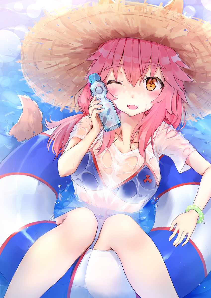 absurdres animal_ears bikini blue_bikini blush bottle breasts cleavage collarbone ears_through_headwear fang fate/extra fate/grand_order fate_(series) fox_ears fox_tail hat highres large_breasts long_hair looking_at_viewer minikon ocean one_eye_closed open_mouth outdoors pink_hair see-through shirt solo straw_hat sun_hat swimsuit t-shirt tail tamamo_(fate)_(all) tamamo_no_mae_(fate) tamamo_no_mae_(swimsuit_lancer)_(fate) water water_bottle wet wet_clothes wet_shirt wet_t-shirt yellow_eyes