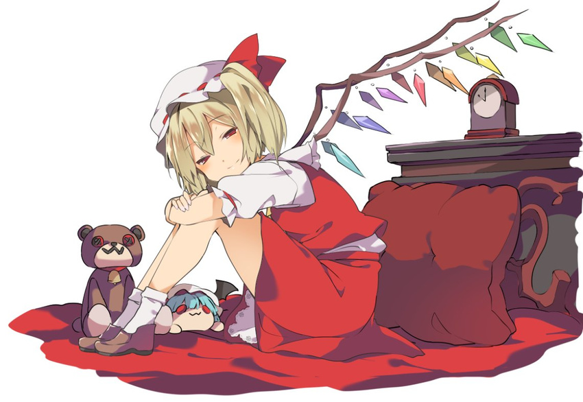 blonde_hair blush bobby_socks bow character_doll clock commentary crystal flandre_scarlet from_side full_body hair_between_eyes hasebe_yuusaku hat hat_bow leg_hug loafers looking_at_viewer looking_to_the_side mob_cap pillow red_bow red_eyes red_skirt red_vest remilia_scarlet shirt shoes side_ponytail sitting skirt skirt_set smile socks solo stuffed_animal stuffed_toy teddy_bear touhou vest white_legwear white_shirt wings