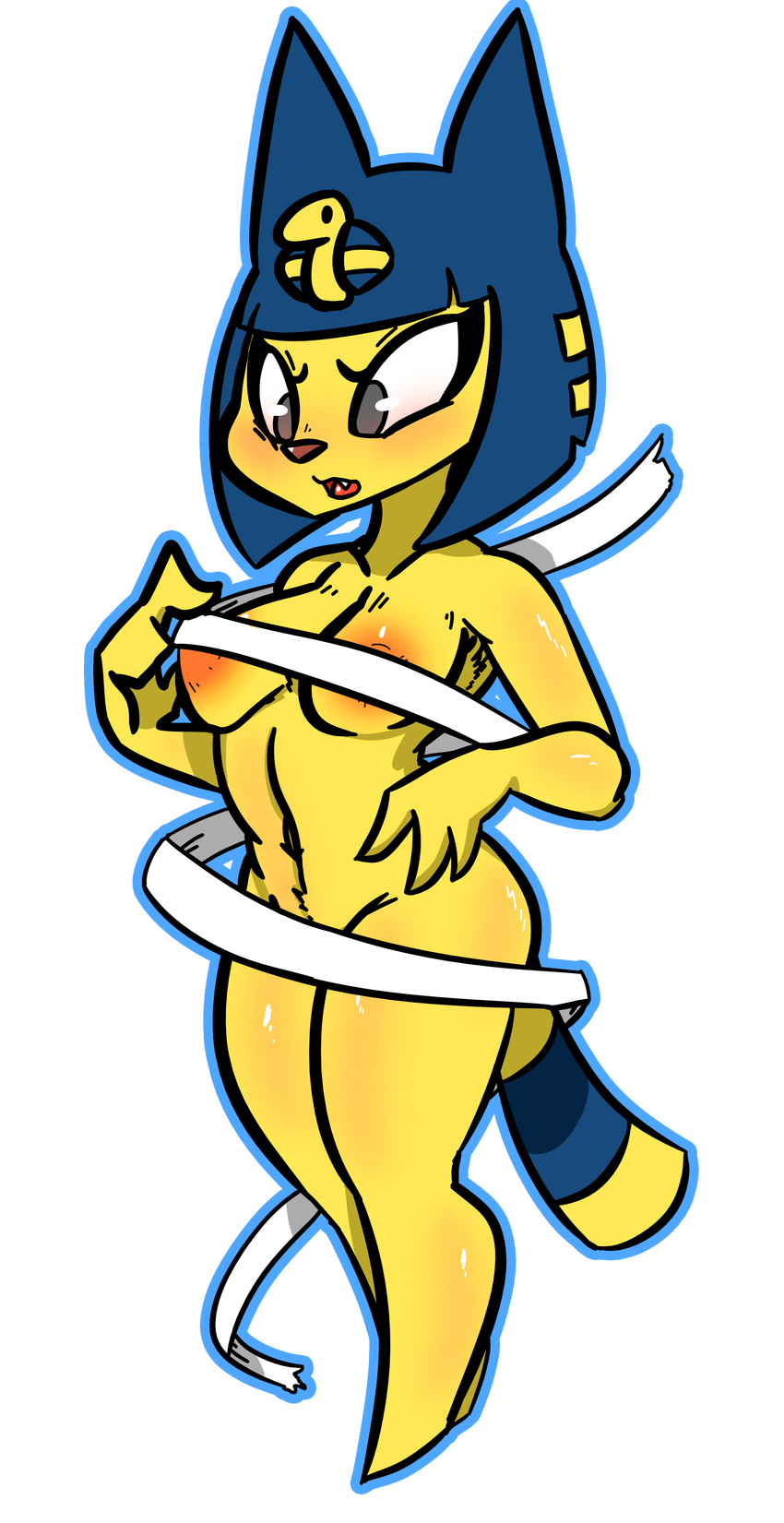 2017 alpha_channel animal_crossing ankha anthro badassbaal blue_hair breasts cat convenient_censorship egyptian feline female fingers fur hair hi_res mammal nintendo simple_background solo transparent_background video_games yellow_fur