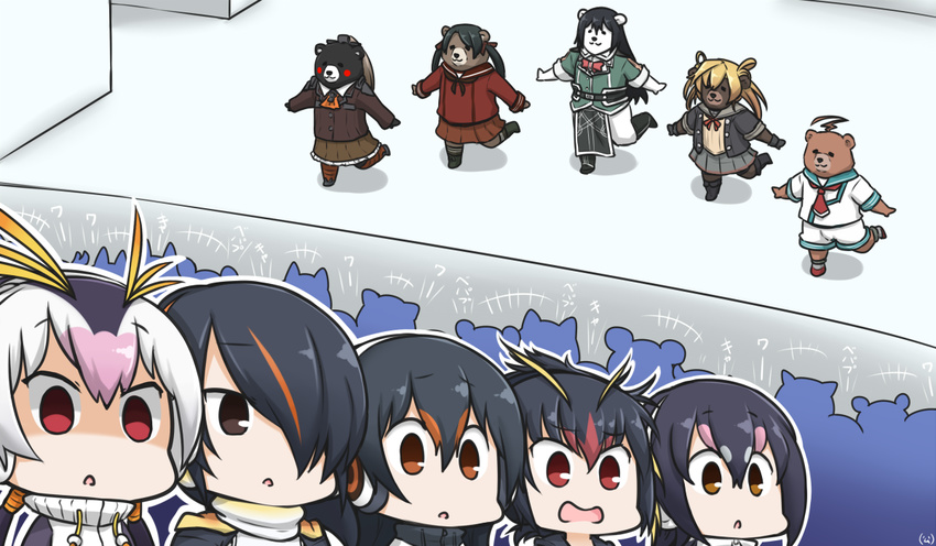 5girls abukuma_(kantai_collection) ahoge animalization ascot bear black_hair blonde_hair blush_stickers brown_skirt chikuma_(kantai_collection) commentary crossover dated emperor_penguin_(kemono_friends) epaulettes gentoo_penguin_(kemono_friends) hair_between_eyes hair_ornament hair_over_one_eye hamu_koutarou headphones huge_ahoge humboldt_penguin_(kemono_friends) jacket kantai_collection kemono_friends kuma_(kantai_collection) kumano_(kantai_collection) long_hair long_sleeves mikuma_(kantai_collection) multicolored_hair multiple_girls neckerchief open_mouth pelvic_curtain penguins_performance_project_(kemono_friends) pleated_skirt ponytail red_eyes remodel_(kantai_collection) revision rockhopper_penguin_(kemono_friends) royal_penguin_(kemono_friends) sailor_collar school_uniform serafuku shaded_face short_sleeves shorts skirt stage sweater thighhighs turtleneck turtleneck_sweater twintails