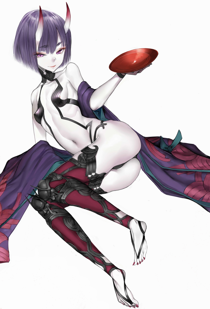 absurdres alcohol areola_slip areolae ass bare_shoulders breasts covered_nipples cup eyeliner fate/grand_order fate_(series) highres horns japanese_clothes kimono looking_at_viewer makeup nail_polish navel nyatabe oni oni_horns pale_skin petals purple_eyes purple_hair purple_legwear red_nails revealing_clothes sakazuki sake shuten_douji_(fate/grand_order) simple_background sitting small_breasts smile solo white_background