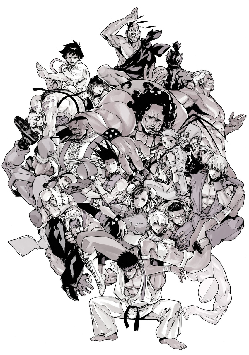 6+girls abs alex_(street_fighter) armlet bandana barefoot baseball_cap bikini black_sclera boxing_gloves bracelet breasts bridal_gauntlets brothers bun_cover capcom china_dress chinese_clothes choker chun-li clenched_hand couple crossed_arms cup dark_skin double_bun dougi dress dudley effie elena_(street_fighter) everyone facial_hair fighting_stance fingerless_gloves gill gloves gouki greyscale hat headband highres hip_vent hugo_andore ibuki_(street_fighter) jewelry ken_masters lifting_person makoto_(street_fighter) medium_breasts monochrome multiple_boys multiple_girls muscle mustache neck_ring necro_(street_fighter) ninja overalls pantyhose peaked_cap pectorals poison_(final_fight) q_(street_fighter) red_eyes ryuu_(street_fighter) sash saucer scar sean_matsuda siblings sleeveless street_fighter street_fighter_iii_(series) strong swimsuit tangzhuang tank_top tattoo teacup twelve twins twintails underboob undercut urien white_skin yang_lee yoshihara_motoki yun_lee