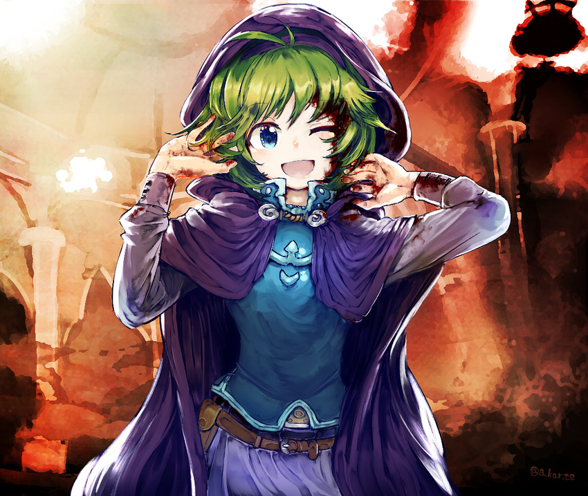ahoge belt belt_pouch blood blood_on_face bloody_clothes bloody_hands blue_eyes capelet cloak commentary fire_emblem fire_emblem:_rekka_no_ken fire_emblem_heroes green_hair hairband hands_on_own_cheeks hands_on_own_face happy hood hood_up hooded_cloak long_sleeves nino_(fire_emblem) open_mouth pouch purple_hairband short_hair smile solo tunic yoshioka_yoshiko