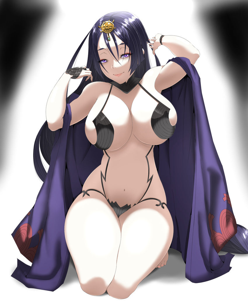 1girl arms_up artist_request breasts cleavage cosplay fate/grand_order fate_(series) highres huge_breasts long_hair looking_at_viewer minamoto_no_raikou_(fate/grand_order) navel purple_eyes purple_hair revealing_clothes shuten_douji_(fate/grand_order) solo thighs very_long_hair wariza