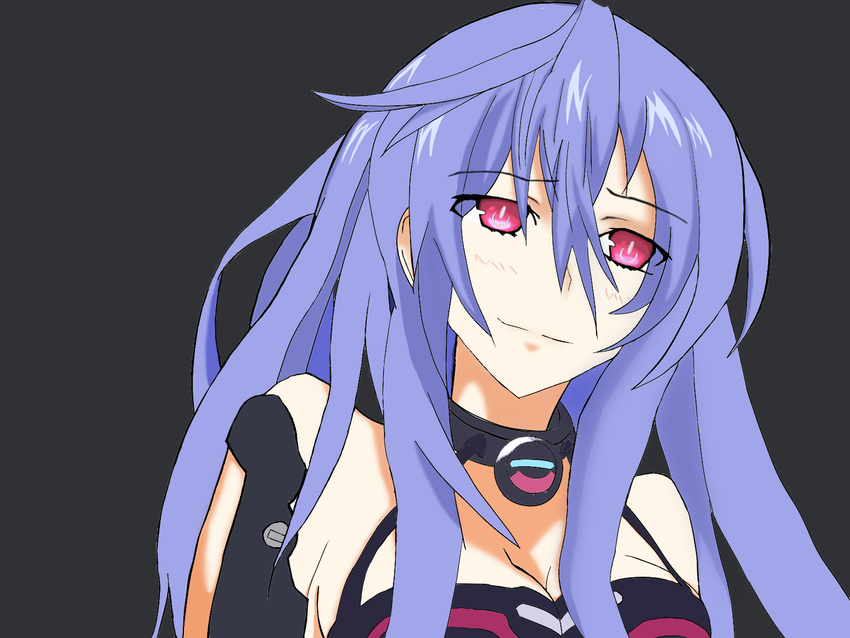 1girl bare_shoulders black_background blush breasts cleavage closed_mouth eyebrows_visible_through_hair eyes_visible_through_hair female hair_between_eyes iris_heart long_hair looking_at_viewer medium_breasts neck neptune_(series) pink_eyes purple_hair pururut revealing_clothes simple_background smile solo symbol-shaped_pupils upper_body
