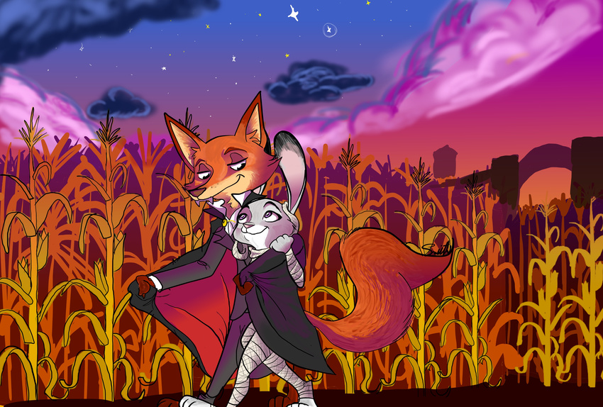2016 anthro barefoot canine cape clothing cornfield costume disney duo fangs female fox halloween holidays judy_hopps lagomorph looking_back looking_up male mammal mummy nick_wilde outside predator/prey purple_eyes quirky-middle-child rabbit size_difference smile tuxedo undead vampire zootopia
