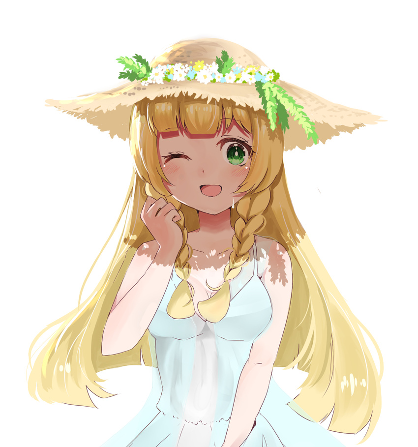 ;d azetsuraito bangs bare_arms bare_shoulders blonde_hair blue_dress blunt_bangs blush braid breasts cleavage collarbone commentary_request dress eyebrows_visible_through_hair flower green_eyes hat hat_flower highres leaf lillie_(pokemon) long_hair looking_at_viewer medium_breasts one_eye_closed open_mouth pokemon pokemon_(game) pokemon_sm sidelocks simple_background sleeveless sleeveless_dress smile solo straw_hat twin_braids upper_body white_background