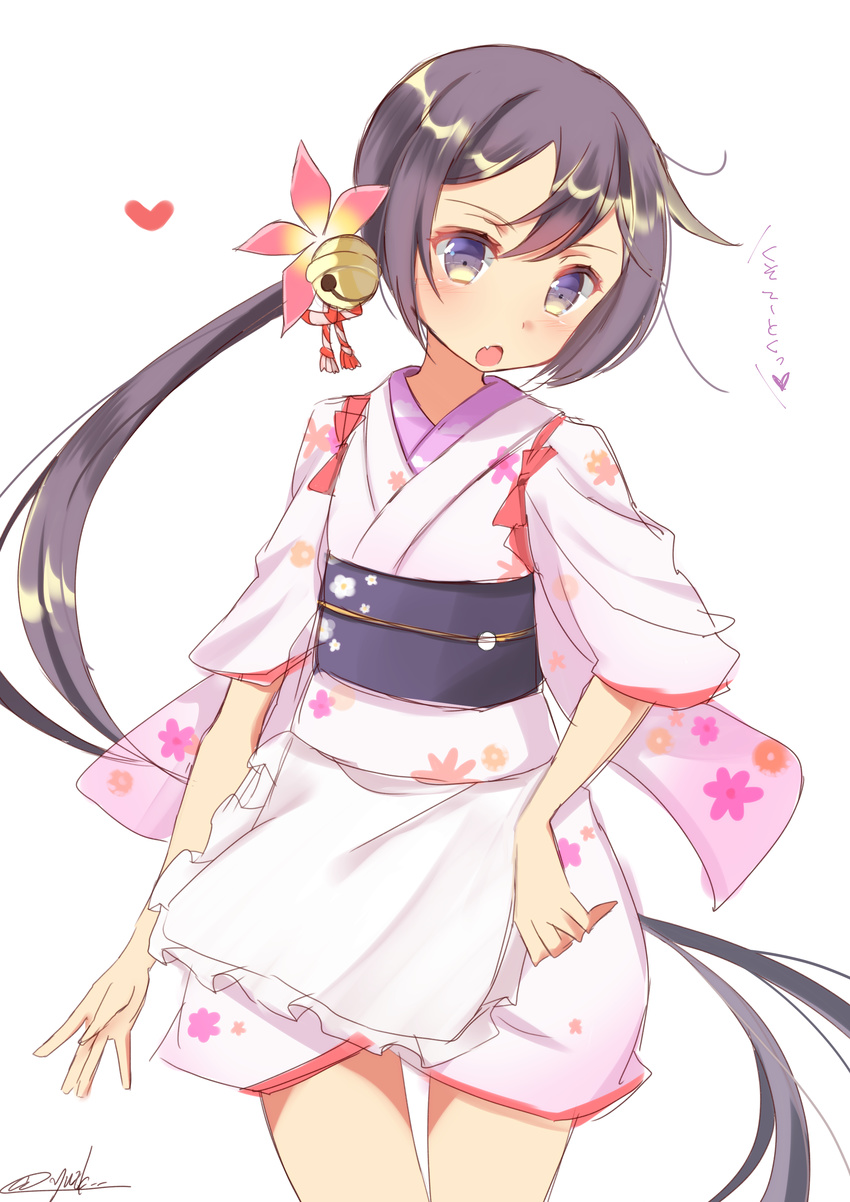 :o absurdres akebono_(kantai_collection) apron bell blush commentary_request fang floral_print flower hair_bell hair_flower hair_ornament heart highres japanese_clothes jingle_bell kantai_collection kimono long_hair multicolored multicolored_eyes open_mouth purple_eyes purple_hair short_kimono side_ponytail solo translated very_long_hair wa_maid yellow_eyes yuuzaki