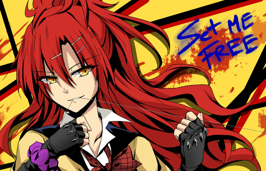 akuma_no_riddle black_gloves bow bowtie collarbone eyebrows_visible_through_hair fingerless_gloves gloves hair_between_eyes kago-tan long_hair looking_at_viewer loose_bowtie mouth_hold parted_lips portrait red_bow red_hair red_neckwear sagae_haruki simple_background solo upper_body very_long_hair yellow_background yellow_eyes