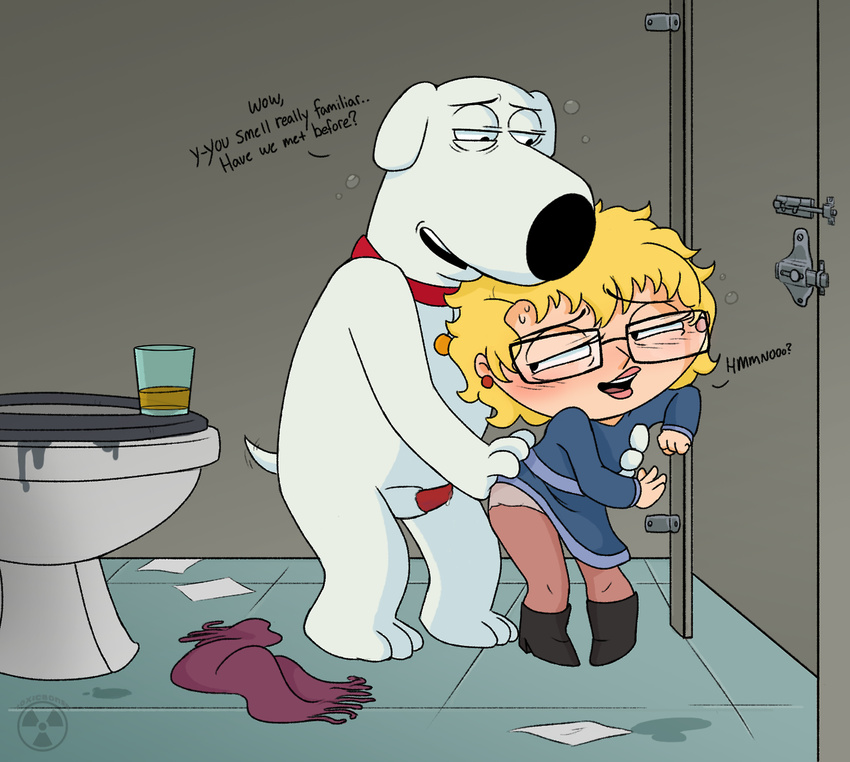 alcohol animal_genitalia animal_penis beverage blonde_hair blush brian_griffin canine_penis clothed clothing collar drunk english_text eyewear family_guy footwear fur girly glasses hair legwear male male/male penis precum shoes stewie_griffin stockings text unknown_artist white_fur wig young