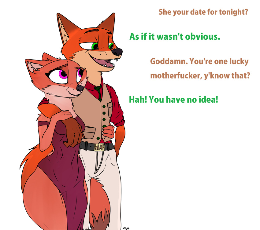 age_difference anthro breasts cal-223 canine clothing dialogue disney female fox green_eyes humor implied_incest male mammal mother mother_and_son mrs_wilde nick_wilde older_female parent purple_eyes simple_background son text thick_thighs white_background wide_hips zootopia