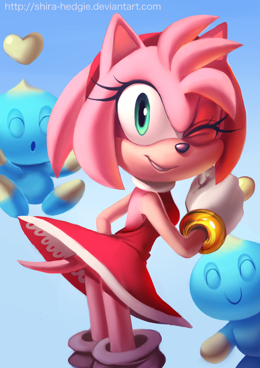 &lt;3 amy_rose anthro big_eyes black_nose boots chao clothing dress female footwear gloves green_eyes group hair headband hedgehog hi_res mammal one_eye_closed pink_hair shira-hedgie short_hair smile sonic_(series) toony video_games wink