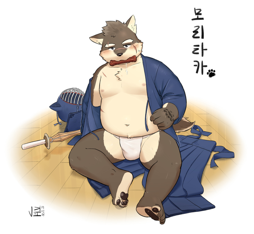 5_fingers 5_toes anthro blush brown_eyes brown_fur bulge canine clothing dog fundoshi fur japanese_clothing jeck male mammal moritaka navel nipples overweight pawpads scar sitting solo tan_fur toes tokyo_afterschool_summoners underwear undressing
