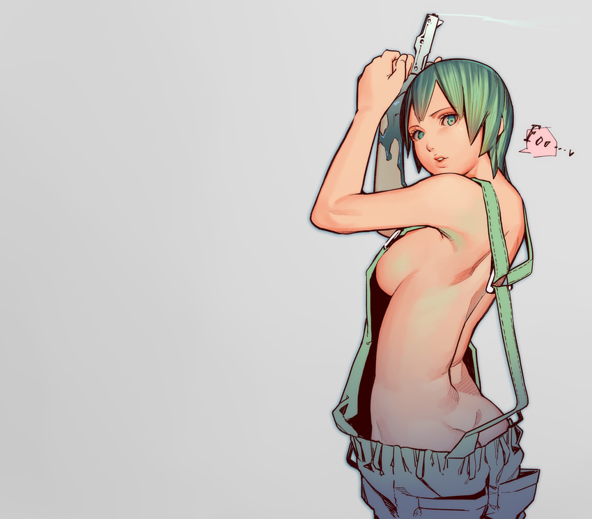 breasts foo_fighters green_eyes green_hair gun jojo_no_kimyou_na_bouken kagamine-ikka looking_at_viewer medium_breasts overalls short_hair sideboob solo stone_ocean weapon