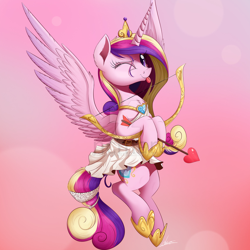 2017 bow_(weapon) clothing distracting_watermark dress female friendship_is_magic my_little_pony ncmares one_eye_closed princess_cadance_(mlp) ranged_weapon solo tongue tongue_out watermark weapon wink