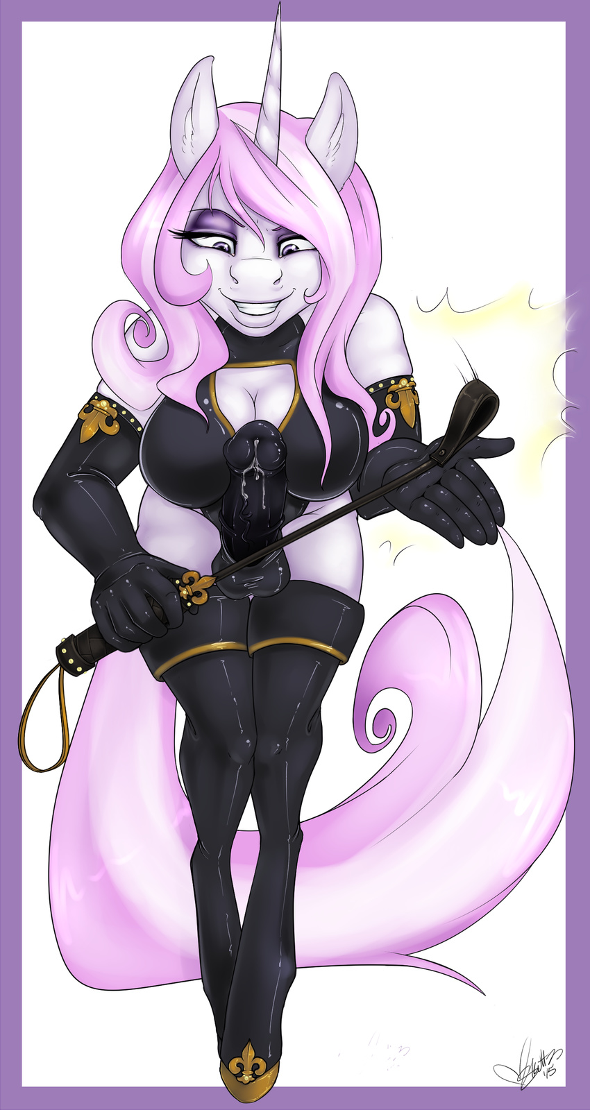 2015 animal_genitalia animal_penis anthro anthrofied armwear border clothed clothing cum dickgirl dominatrix elbow_gloves equine equine_penis erection fleur_de_lis_(mlp) friendship_is_magic front_view gloves hair half-closed_eyes hi_res holding_object horn intersex long_hair looking_at_viewer mammal multicolored_hair my_little_pony outside_border penis precum riding_crop signature simple_background skuttz solo thigh_boots two_tone_hair unicorn whip white_background