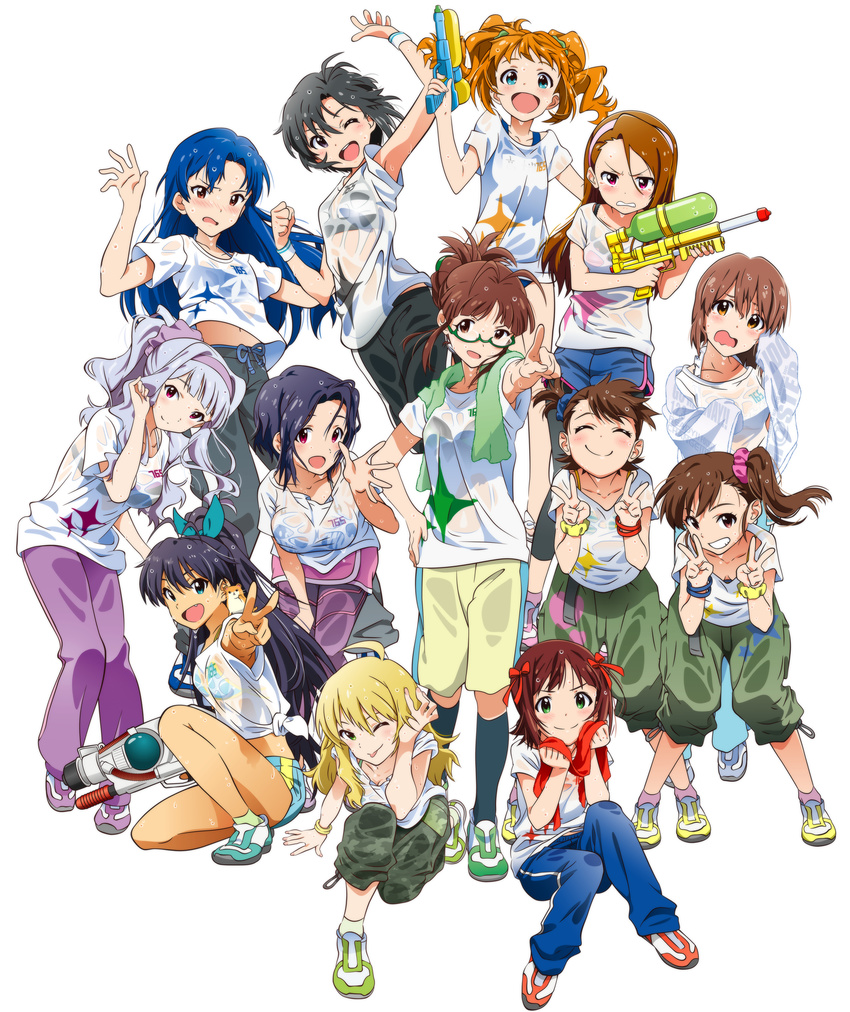 :d absurdres ahoge akizuki_ritchan akizuki_ritsuko amami_haruka antenna_hair bikini black_eyes black_hair blonde_hair blue_eyes blue_hair blush breasts brown_eyes brown_hair cleavage clenched_teeth closed_eyes derivative_work double_v fang flat_chest futami_ami futami_mami ganaha_hibiki glasses green_eyes grin hagiwara_yukiho hair_ornament hair_ribbon hairband highres hoshii_miki idolmaster idolmaster_(classic) kikuchi_makoto kisaragi_chihaya long_hair looking_at_viewer md5_mismatch midriff minase_iori miura_azusa multiple_girls navel one_eye_closed open_mouth orange_hair pointing ponytail red_eyes ribbon school_swimsuit see-through shijou_takane shirt short_hair shorts siblings side_ponytail silver_hair simple_background smile sparkle_print super_soaker swimsuit swimsuit_under_clothes t-shirt takatsuki_yayoi teeth tied_shirt tongue tongue_out towel twins twintails v water_gun wet wet_clothes white_background