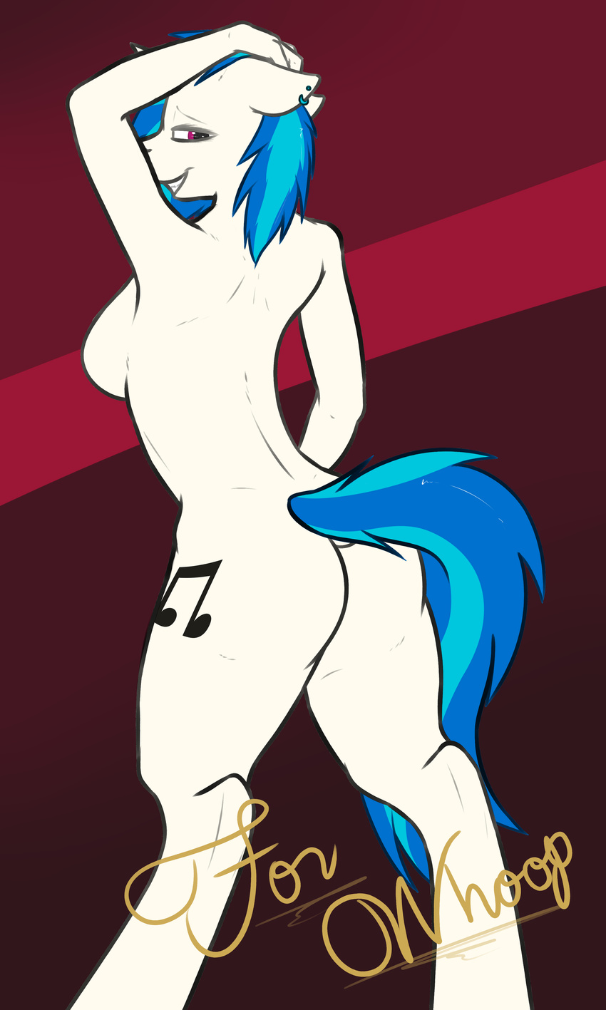 2015 absurd_res anthro anthrofied blue_fur blue_hair breasts butt cutie_mark ear_piercing english_text equine female friendship_is_magic fur hair half-closed_eyes hi_res horn looking_at_viewer looking_back mammal multicolored_fur multicolored_hair my_little_pony nude open_mouth piercing purple_eyes raised_arm raised_tail rear_view side_boob smile solo teeth text thermalcake two_tone_hair unicorn vinyl_scratch_(mlp)