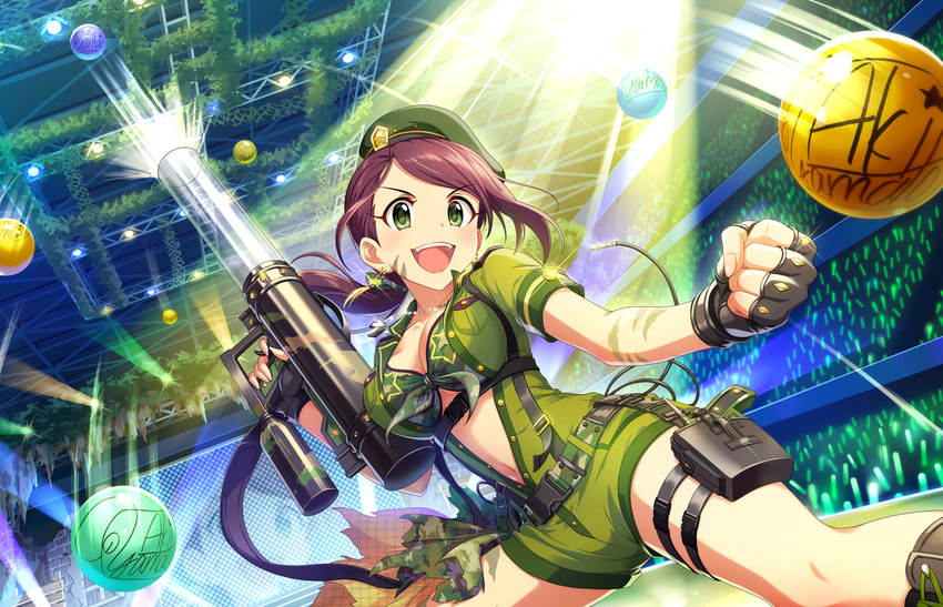 artist_request ball belt beret boots breasts brown_hair character_name cleavage clenched_hand collarbone dog_tags earrings fingerless_gloves gloves green_eyes hat idol idolmaster idolmaster_cinderella_girls idolmaster_cinderella_girls_starlight_stage jewelry long_hair low_ponytail medium_breasts midriff military navel official_art open_mouth ponytail short_sleeves signature smile solo stage star weapon yamato_aki