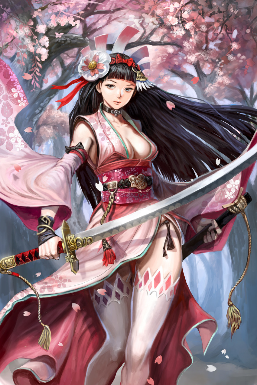 bangs black_hair blunt_bangs breasts cherry_blossoms choker cleavage day detached_sleeves floral_print flower ggozira grey_eyes hair_flower hair_ornament hairband highres holding holding_sword holding_weapon katana long_hair medium_breasts outdoors petals sheath solo standing sword tenkuu_no_crystalia thighhighs weapon white_legwear